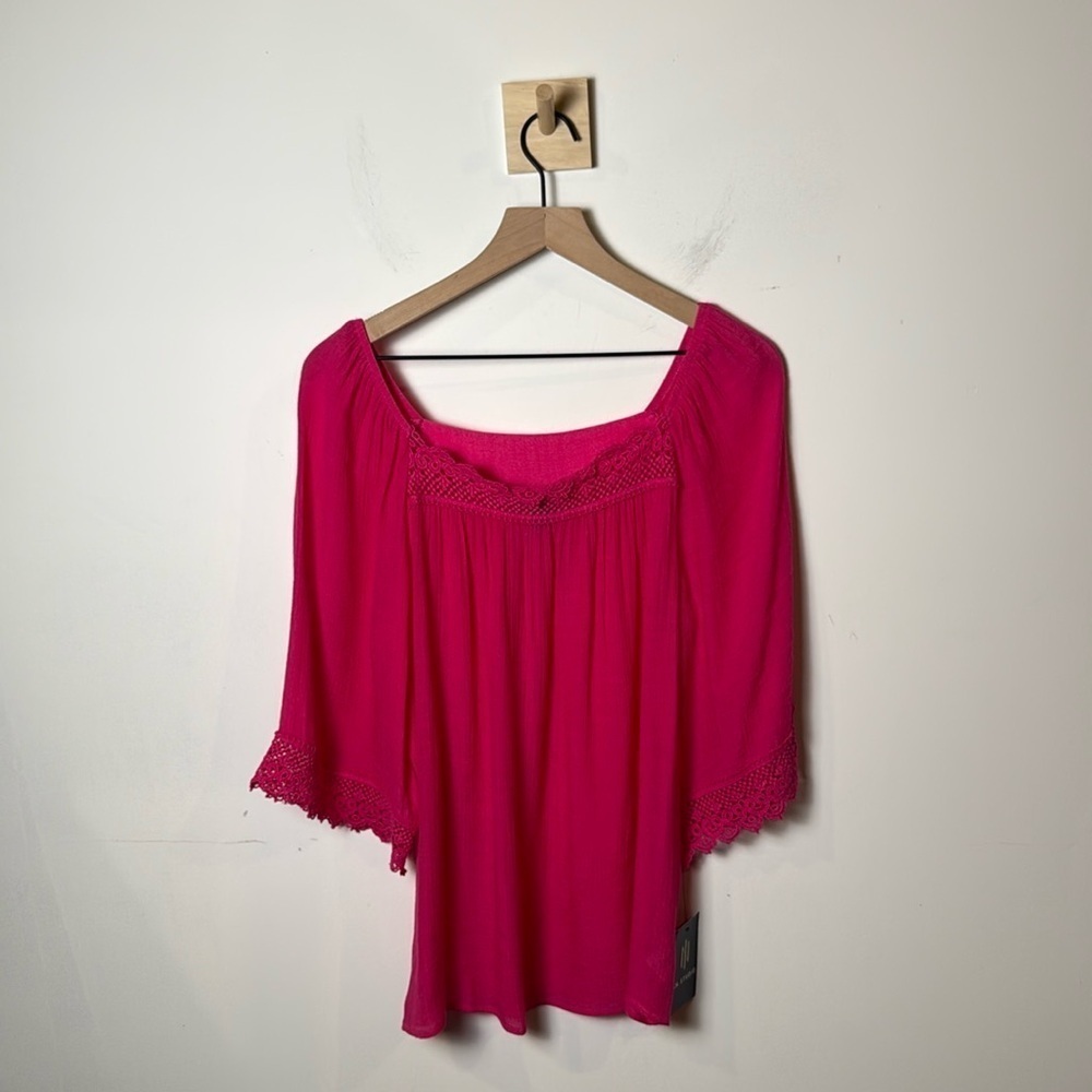 Brand New I.N. Studio Pink 3/4 Sleeve Lace Trim Square Neck Blouse size M NWT
